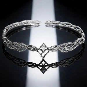 Exquisite silver elven crown with vine textures and a clear teardrop crystal center