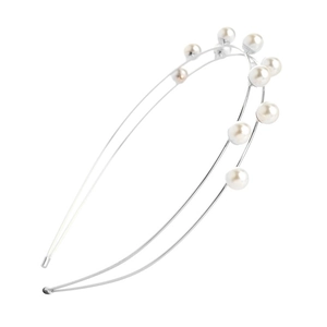 Cerchietto a doppio strato argento minimalista con eleganti perle bianche su sfondo bianco