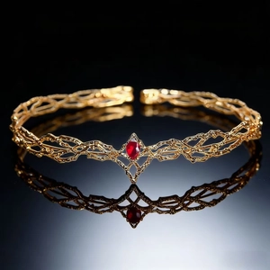 Fantasy gold vine tiara with red teardrop gemstone for cosplay and weddings