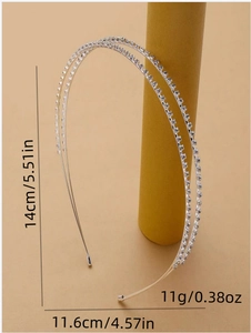 Serre-tête double couche en métal argenté avec strass et dimensions détaillées