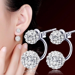 Korean Style Double Ball Shamballa Front-back Stud Earrings For Women Silver Plated Alloy Rhinestone Pave Ball Jewelry