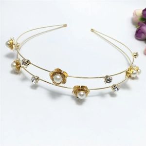 Cerchietto dorato a doppio strato in metallo con rose metalliche, perle e strass