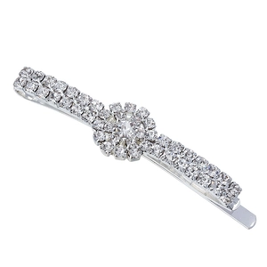 Exquisite silver hair clip with sparkling rhinestone sunflower design on white background