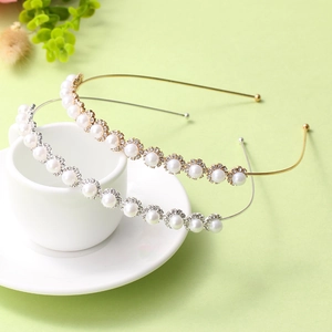 Korean Style Elegant Faux Artificial Pearl Rhinestone Flower Headband Thin Alloy Hair Hoop For Women Wedding Party Hair Accessories