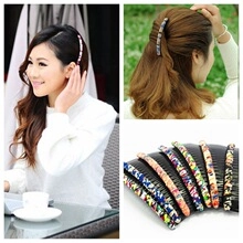 Floral banana hair clips on model showing side and back styling views and set