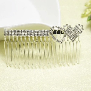Elegant silver hair comb with sparkling double heart rhinestones for bridal hairstyling