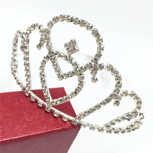 Silver crystal heart tiara crown with hair comb in a red gift box for wedding or kids