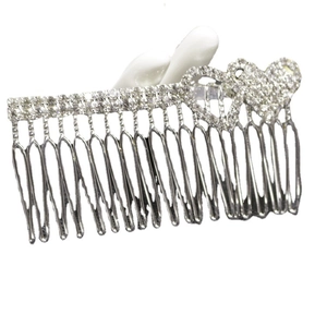 Elegant silver hair comb with sparkling double heart rhinestones for bridal hairstyles