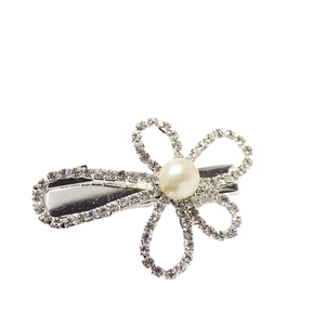 Elegant floral hair clip with crystal rhinestones and faux pearl on silver metal duckbill base