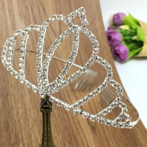 Elegant silver heart crown hair comb with sparkling rhinestones for wedding and parties