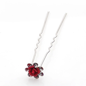 Elegante forcina a U in argento con rosa rossa e strass brillanti per capelli