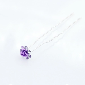 Elegante forcina per capelli con rosa viola, cristalli e design argentato a due rebbi