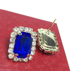 Elegant rectangle blue crystal stud earrings with gold plating and white zircon halo