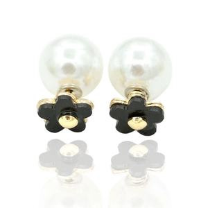 Elegant floral pearl drop earrings featuring black enamel petals and gold finish details