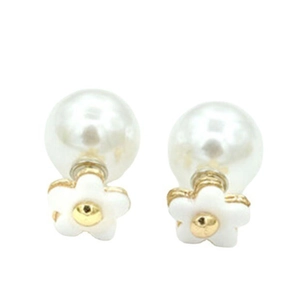 Elegant white floral earrings with large faux pearls and gold stamens in a classic design