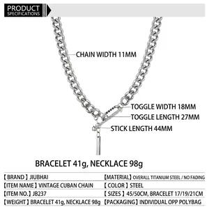 Polished titanium steel Cuban chain necklace with T-bar clasp and metal tag 11mm width