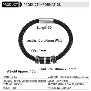 Herren Armband aus geflochtenem schwarzem Leder mit Titanstahlperlen und Kristall