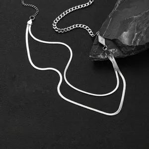 Double-layered titanium steel necklace with diamond pendant and flat snake chain design