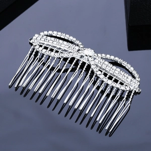 Sparkling rhinestone bow hair comb accessory for bridal hairstyles in silver alloy