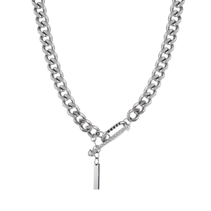 Chunky silver Cuban link necklace with crystal-embedded toggle clasp and rectangular pendant