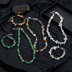 Hip hop natural stone necklace and bracelet set in green, white, and mixed colors