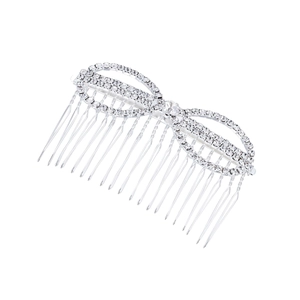 Silver bridal hair comb with rhinestone bow design for elegant wedding hairstyles