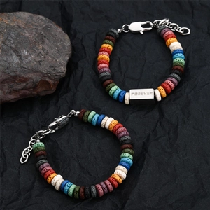Colorful lava stone titanium steel beaded bracelet with Forever engraved charm