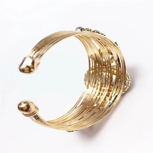 Minimalist wide layered gold steel wire cuff bracelet with sparkling crystal accents