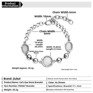 Detailed size specifications for cat eye stone titanium steel bracelet showing dimensions
