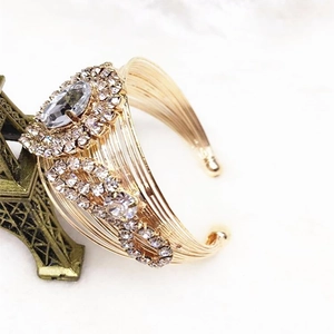 Elegant gold layered open cuff bracelet with sparkling clear rhinestones for women
