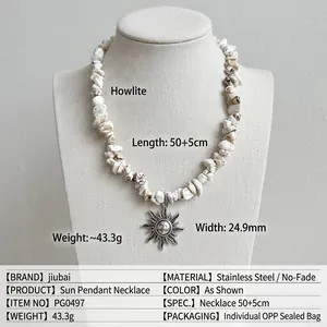 Vintage sun pendant necklace with white turquoise beads made of durable titanium steel