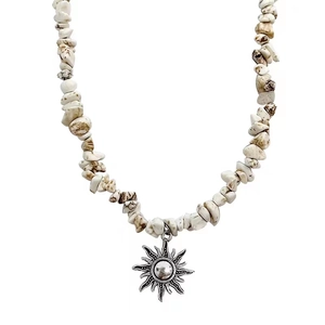 Vintage Ethnic Sun Pendant Necklace Titanium Steel White Turquoise Beaded Clavicle Chain For Men Women Retro Design Jewelry