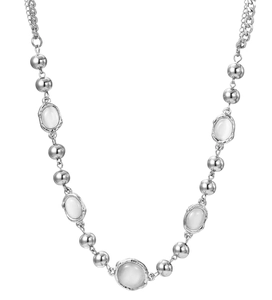Macro view of silver beaded necklace with cat eye moonstone beads and oval gemstone pendant