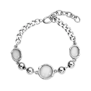 Elegant titanium steel bracelet featuring cat eye stones and silver beads on a chain