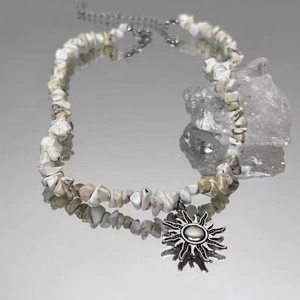 Bohemian sun pendant necklace with natural crushed stones and silver titanium steel chain