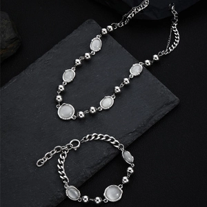 Titanium Steel Cat's Eye Stone Necklace Bracelet Vintage Polished White Stone Unisex Fashion Jewelry Accessory For Daily Wear