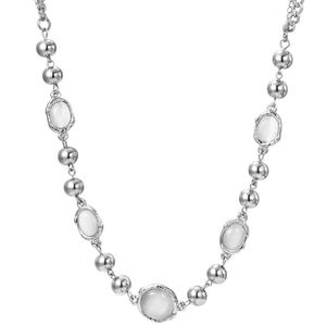 Polished silver titanium steel necklace featuring five opal stones and metal beads