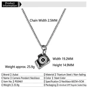 Collier hip hop en acier titane avec pendentif appareil photo vintage pour homme