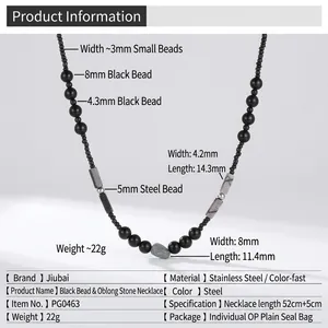 Men's retro beaded necklace with black beads and marble texture pendant in steel