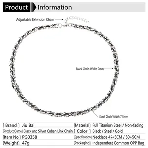 Double-layered titanium steel cuban chain necklace in silver and black finish for men