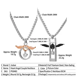 Titanium steel couple heart angel wing necklace with size and weight dimensions