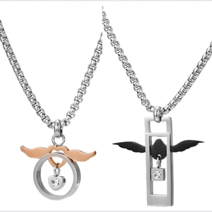Hip Hop Titanium Steel Couple Necklace Set Angel Wings Heart Pendant Rhinestone Inlaid Polish Long Sweater Chain For Lovers Men Women
