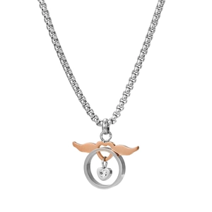 Detail of silver box chain and heart pendant with rose gold wings and zircon
