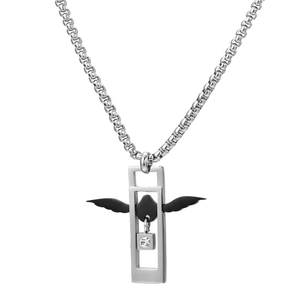 Minimalist silver box chain necklace featuring a black bird silhouette and crystal pendant