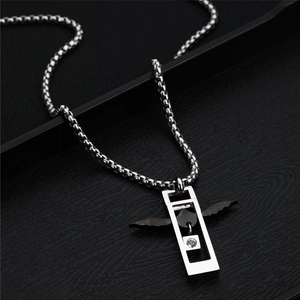 Titanium steel couple necklace with heart angel wing pendant and cubic zirconia stone