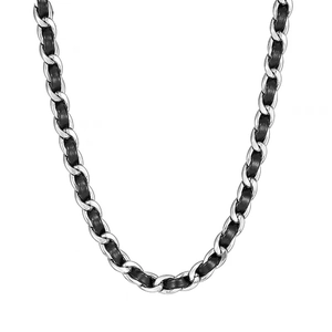 Titanium steel cuban chain necklace with black leather weave design for men and women