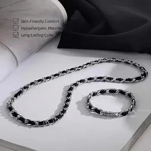 Titanium Steel Black Leather Wrapped Cuban Chain Necklace Hip Hop Clavicle Chain Jewelry For Men Women Versatile Accessories