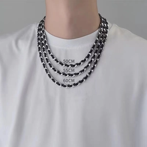 Men's titanium steel cuban chain necklace with black leather weaving in three lengths