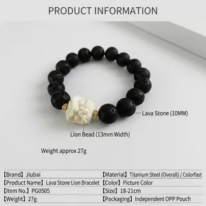 Bracelet pour homme en pierre volcanique avec breloque lion blanc et perles dorées