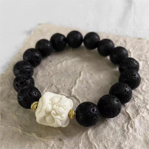 Bracelet en Perles de Pierre de Lave Naturelle pour Homme Avec Breloque Tête de Lion Pixiu Rétro Élastique Bijoux Cadeau